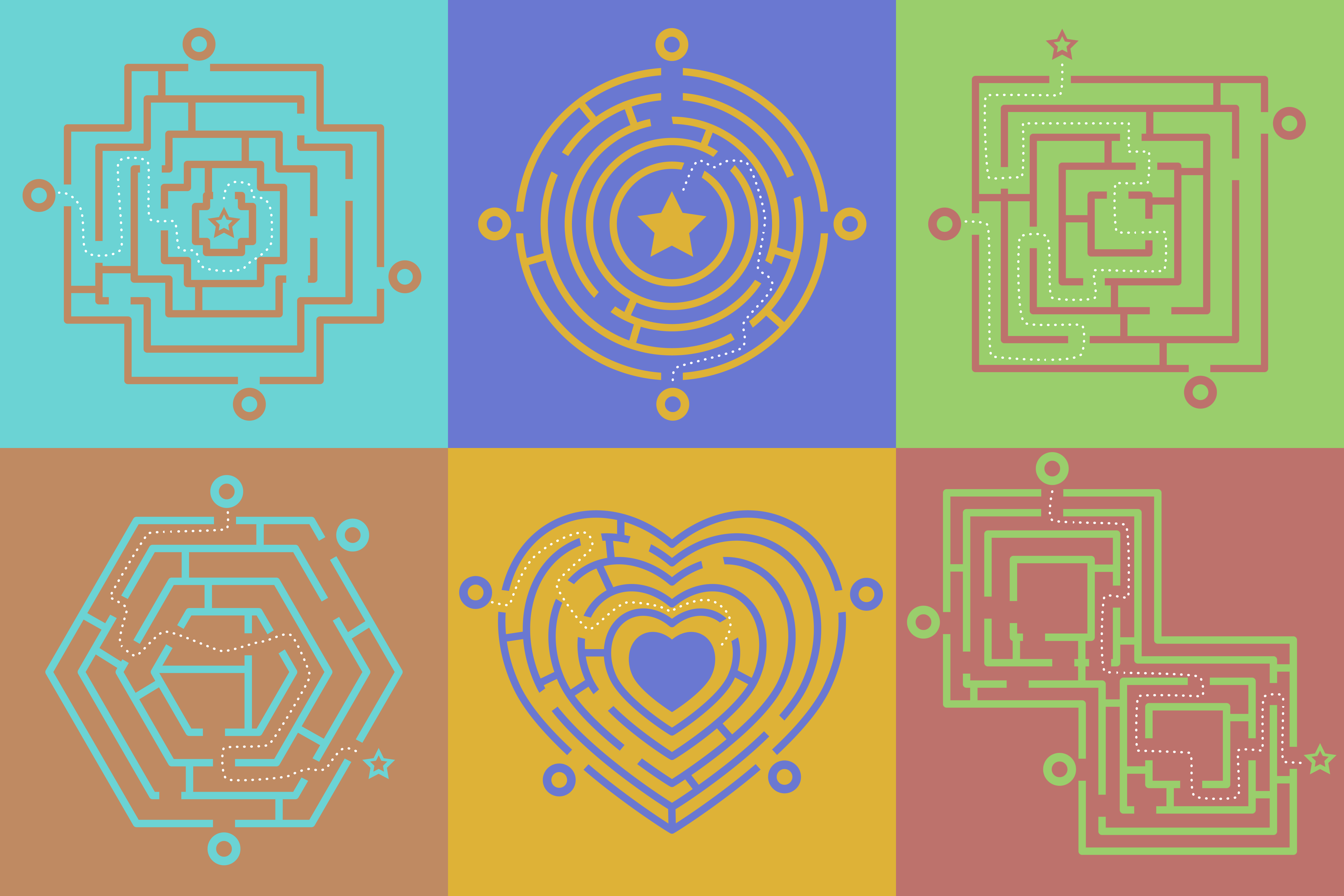 Cover Image: Six multi-colored panels featuring different maze shapes. The image conveys navigating complex information or situations.