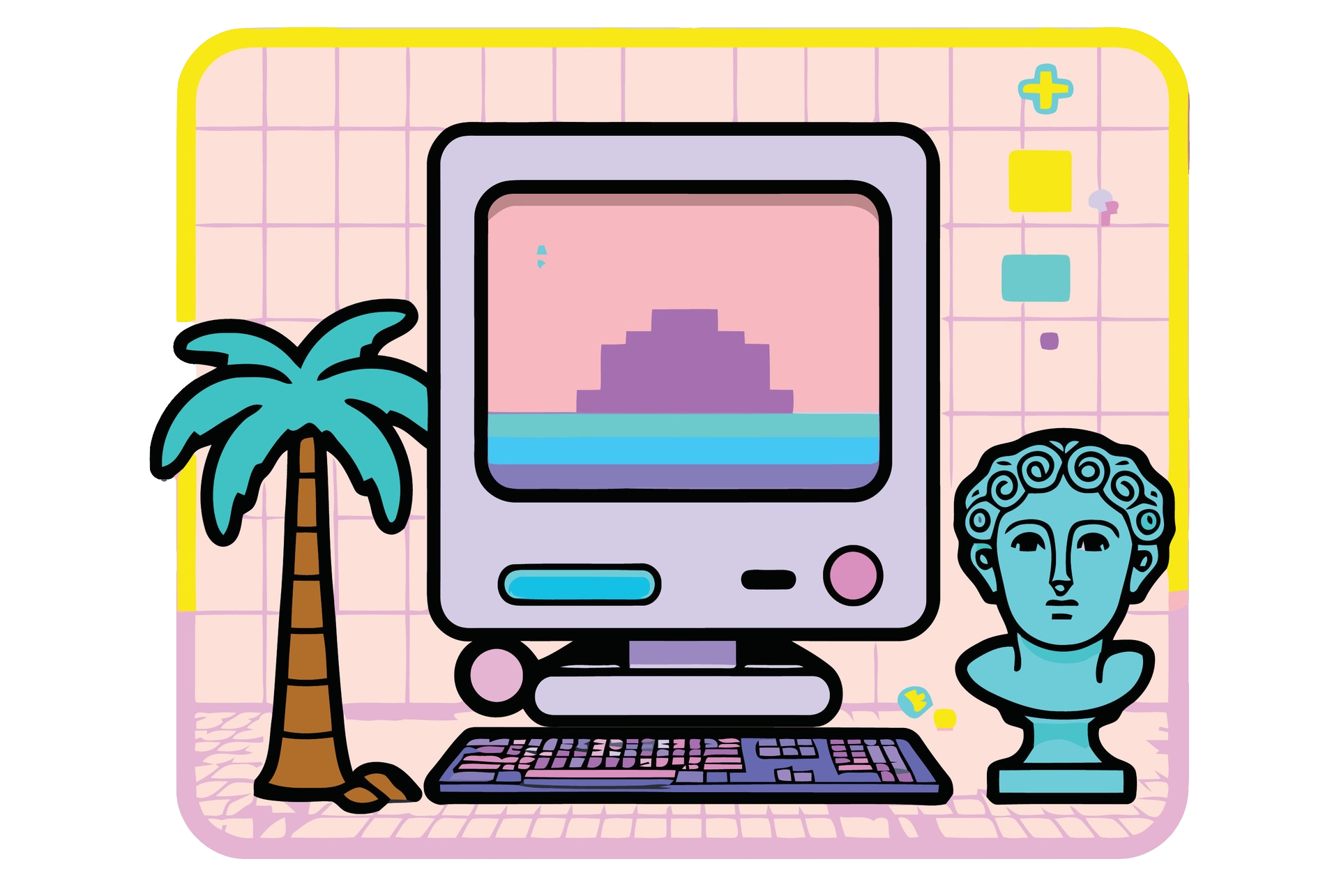 Cover Image: A vaporwave scene consisting of a computer, a keyboard, a palm tree, and an Ancient-Greek-style bust on a pastel grid background. The scene conveys technology in concert with art.