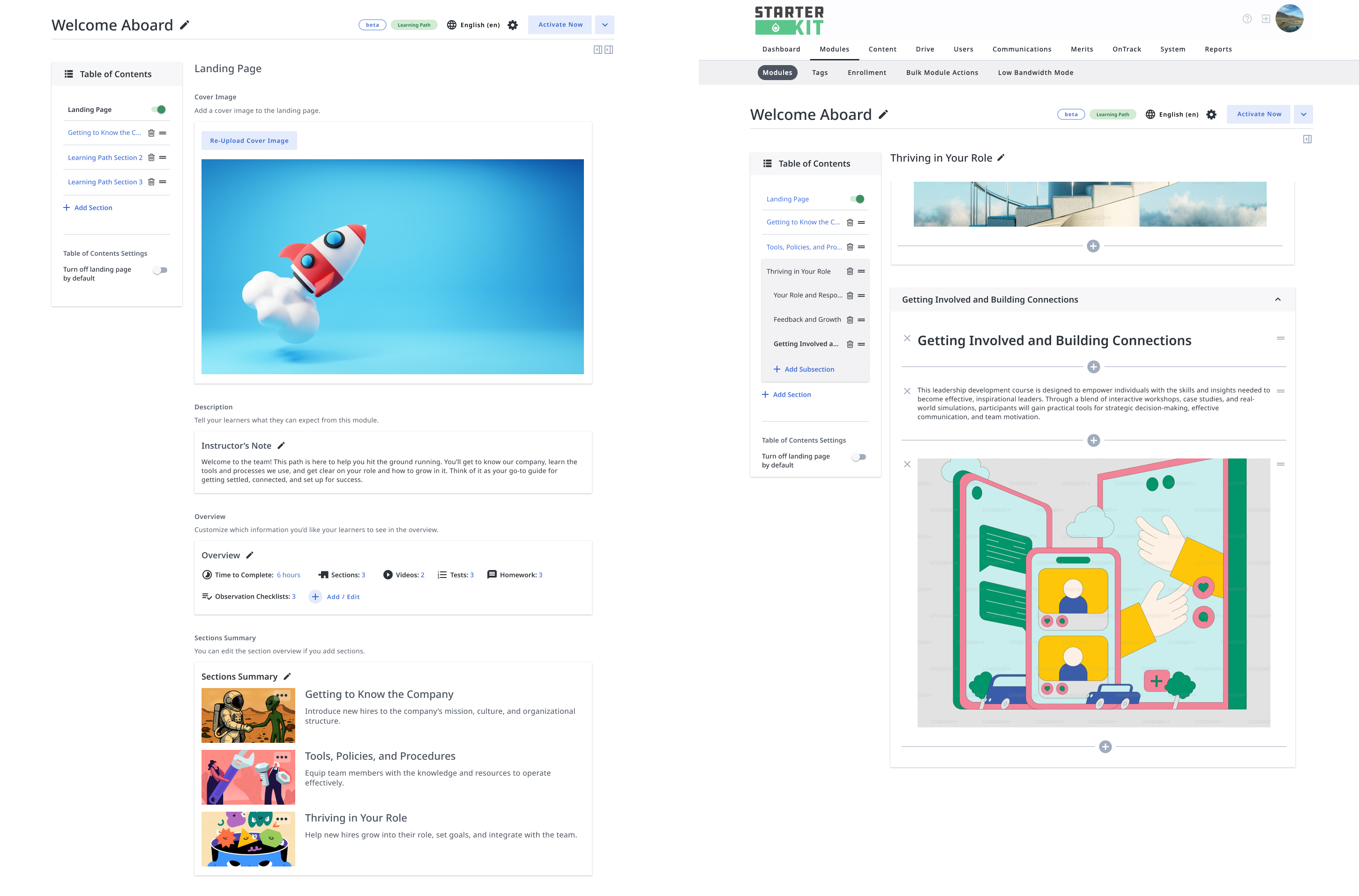 Two screenshots showcasing the Admin Tool Builder final designs for the landing page and course content page.