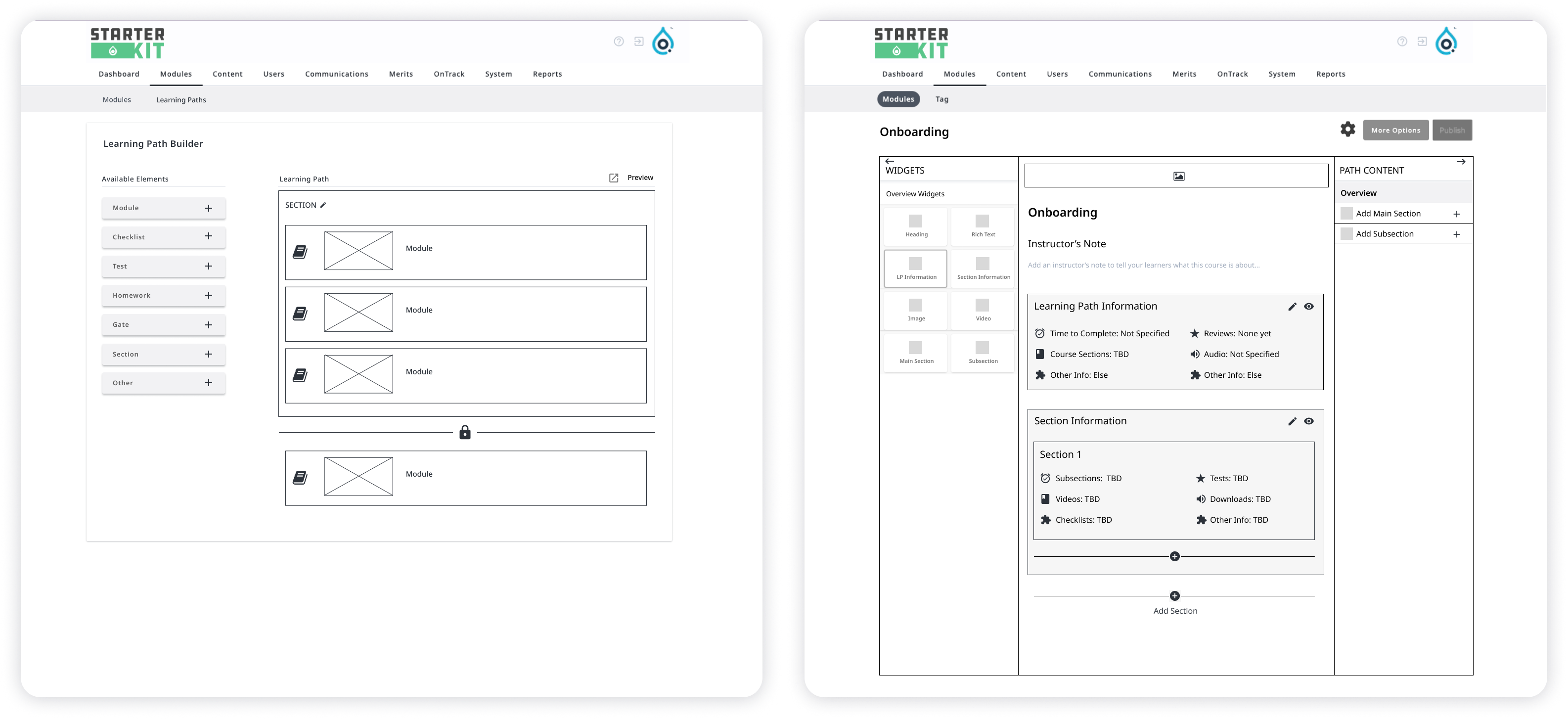 Screenshots showcasing two initial wireframes of the Learning Content builder.