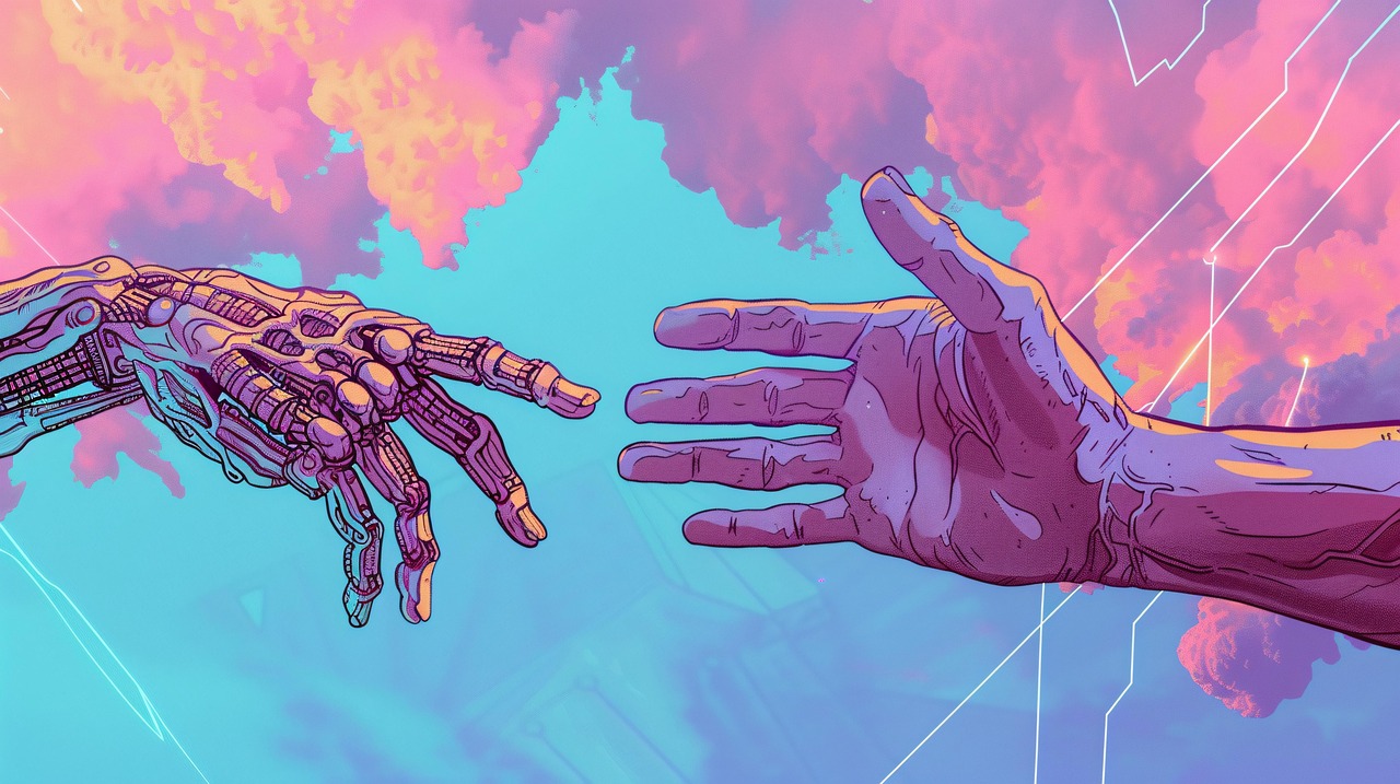 Cover Image: A mechanical hand and a human hand reach toward each other with a blue sky and pink clouds in the background