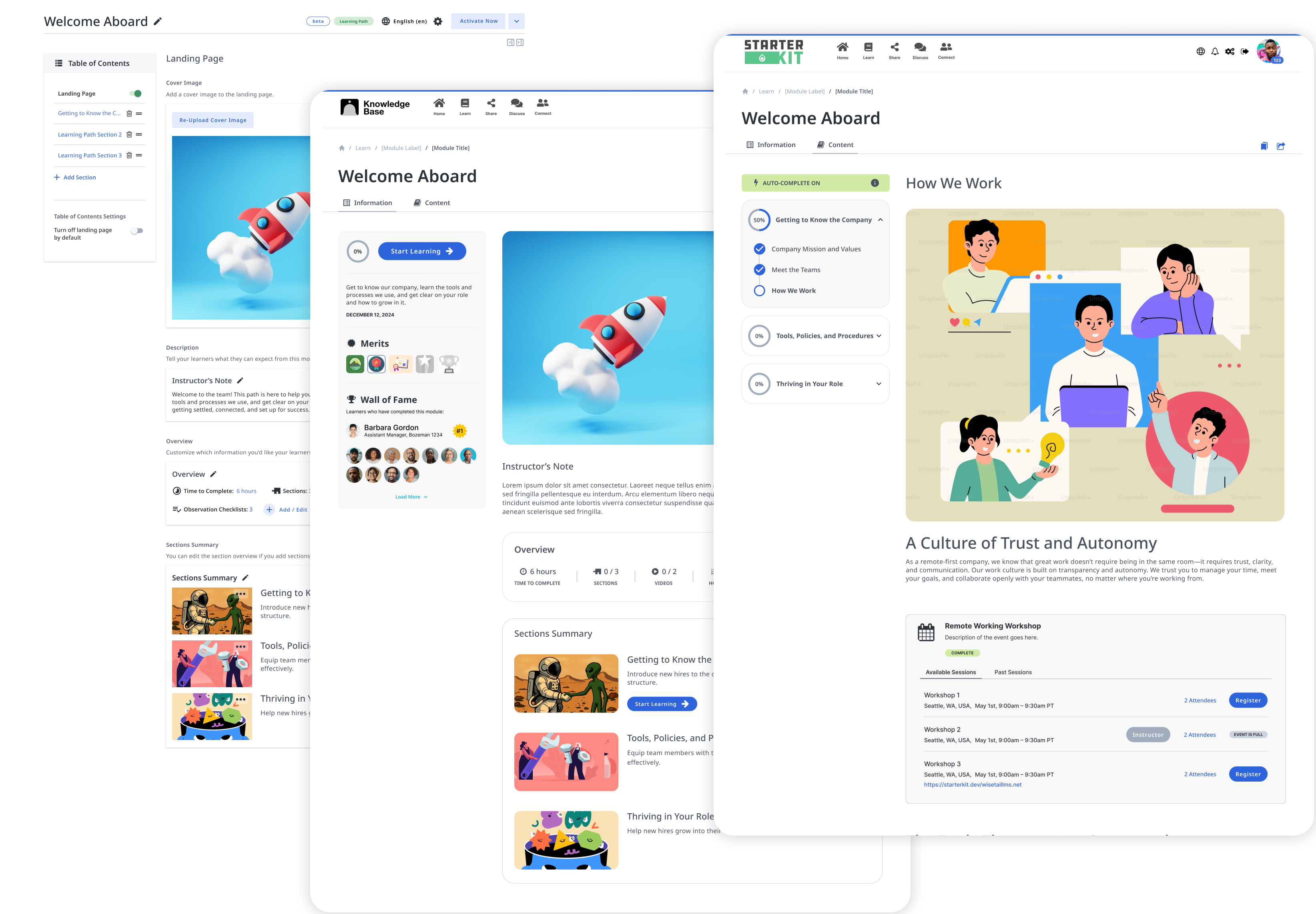 Three screens showcasing the learning content builder, and the learner experience course landing page, and course content with a course progress tracker.
