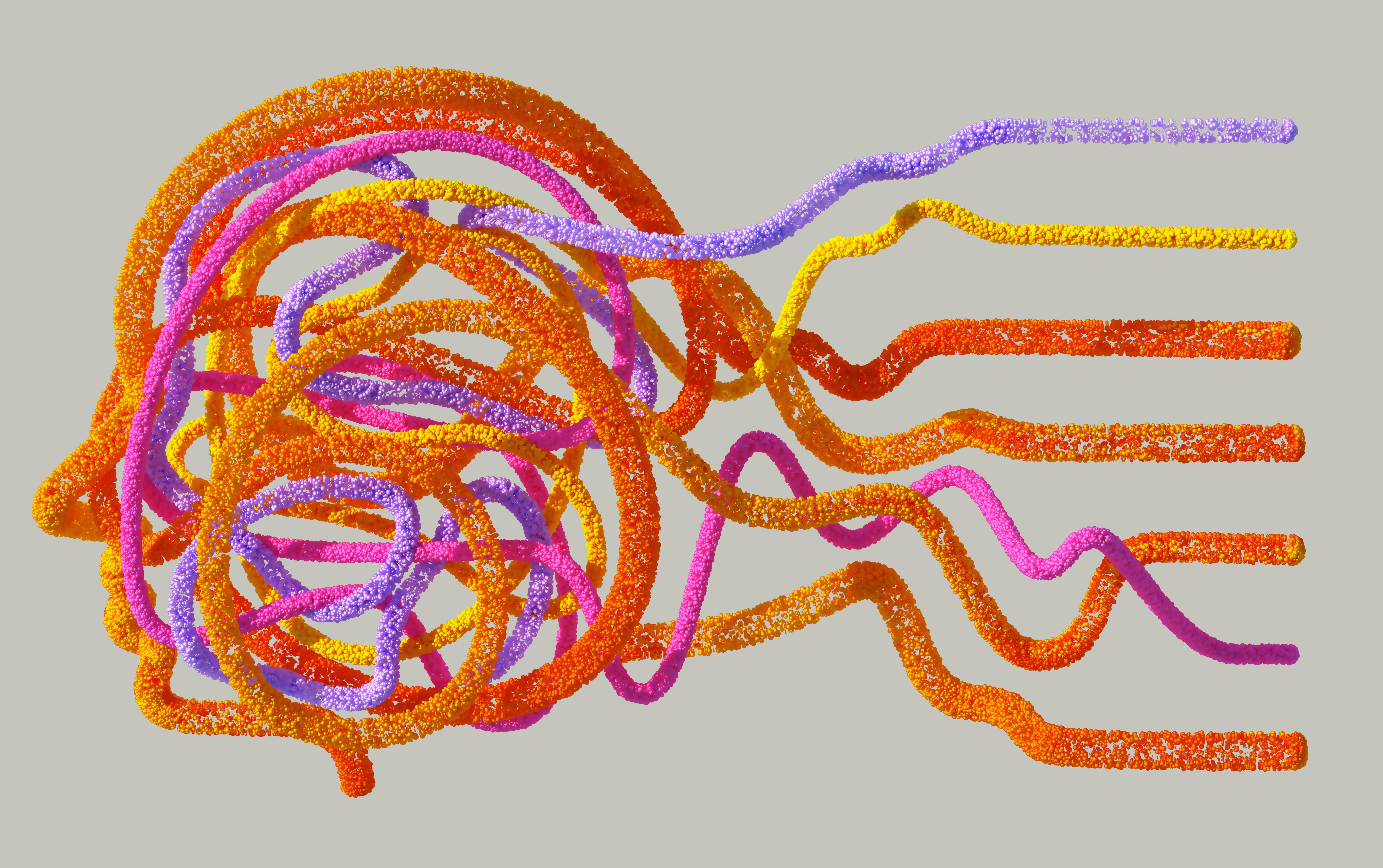 Cover Image: Shape of a human head made up of what appears to be tangled twine unraveling. The image conveys absorbing and making sense of complex data.